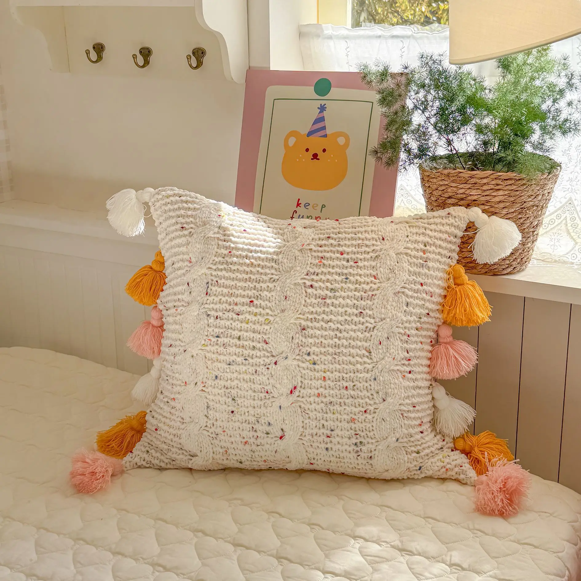 Colorful Knitted Throw Pillow Cover 45x45cm Soft Cozy Cable Knit With Tassels For Living Room Bedroom Sofa Couch Bed Pink Ivory