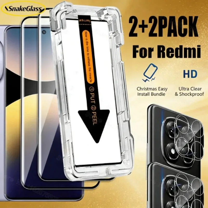 4-in-1 Gehärtetes Glas Displayschutzfolie für Redmi Note 15/14/13 Pro/Pro+, 2 Schutzfolien + 2 Linsenschutz, 9H Blasenfreies Kit