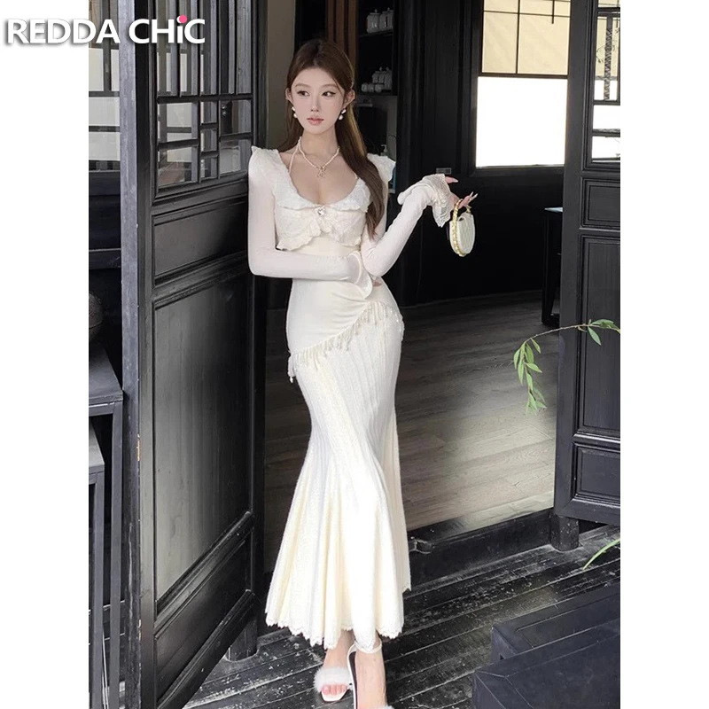 REDDACHiC Elegant Women Long Sleeve Party Dress Scoop Neck Lace Rose Textured Pearl Fringe Mermaid Midi Long Desire One-piece