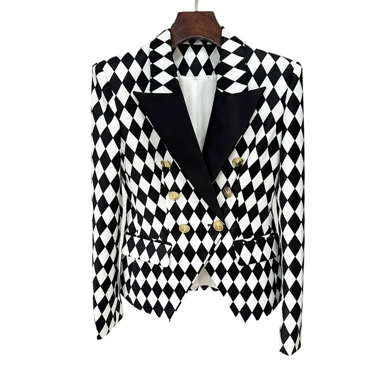 

Elegant Gold Buttons Blazer Jacket Women Diamond Check Black and White Check New in Outwears Ladies Long Sleeves Slim Suit Women