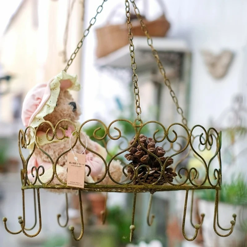 Vintage Style Iron Hanging Wire Basket Adorned Lace Edge with Hooks Perfect for Garden Decor