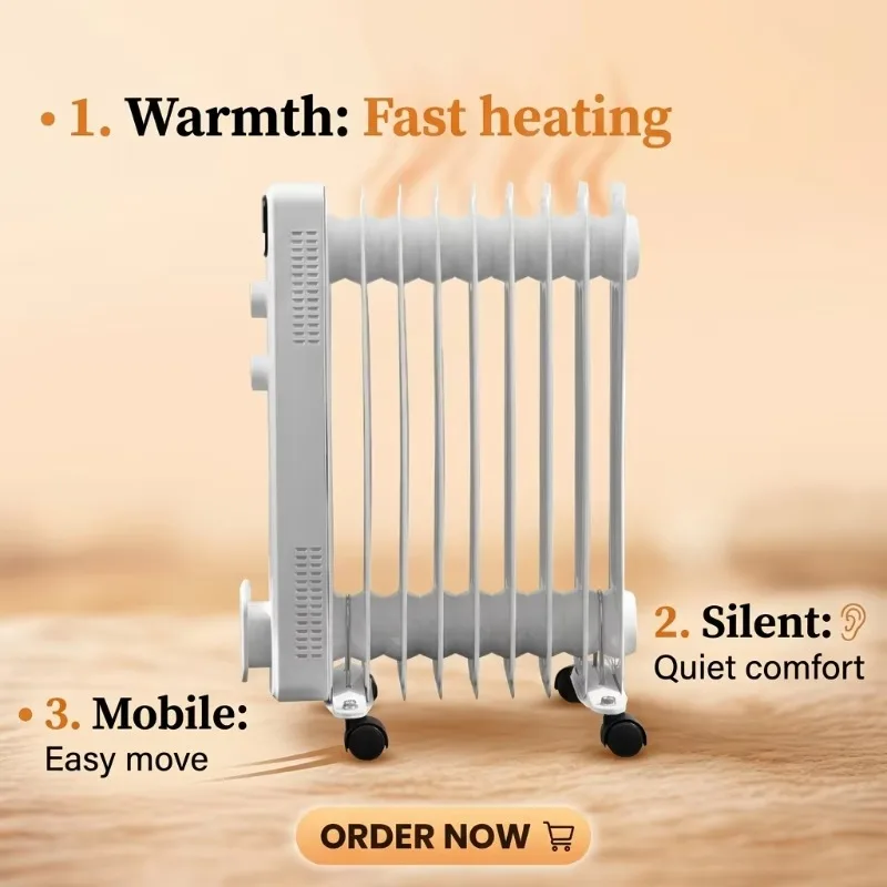 Airo Free Standing Oil Filled Radiator 2000W 9 Fins Overheat Protection Home Heater 3