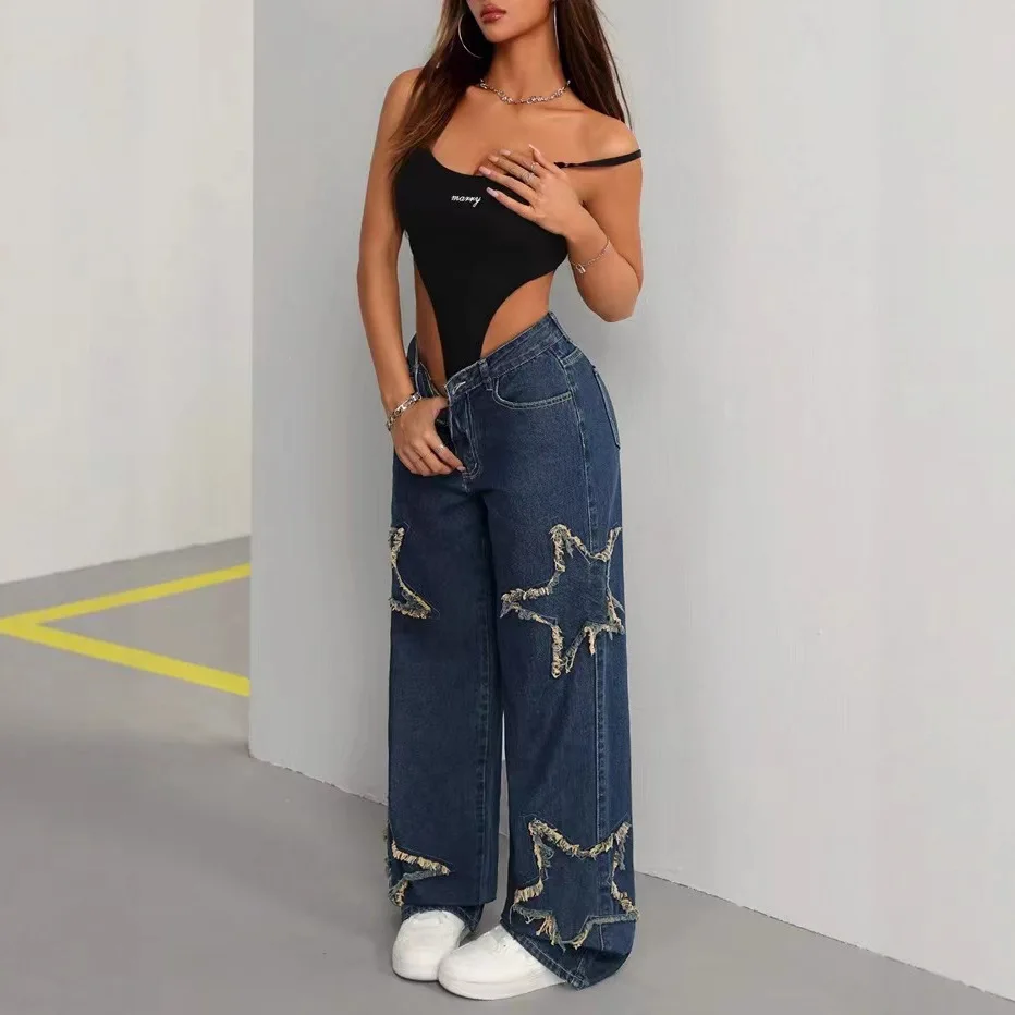 Women's Patched Star Denim - Distressed Frayed Hem Relaxed Straight Leg Jeans2025