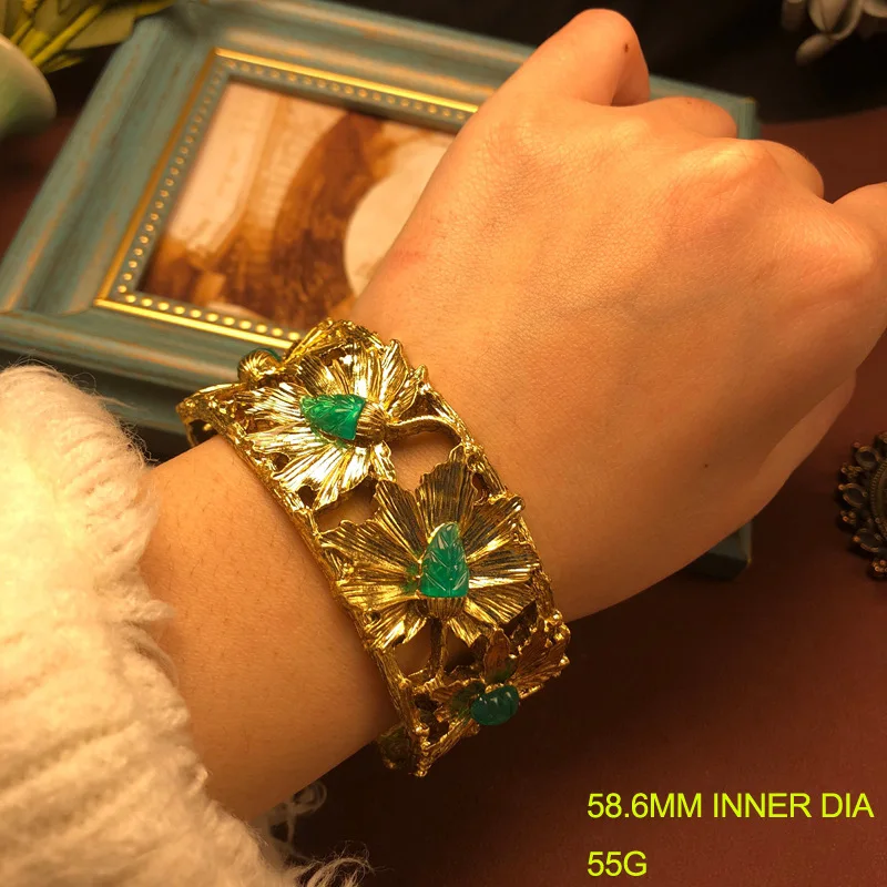 Vintage Real Gold Plated Hollow Out Bracelet for Women Geometric Resin Cuff Bangle Jelly Crystal Elegant Fashion Jewelry Gift