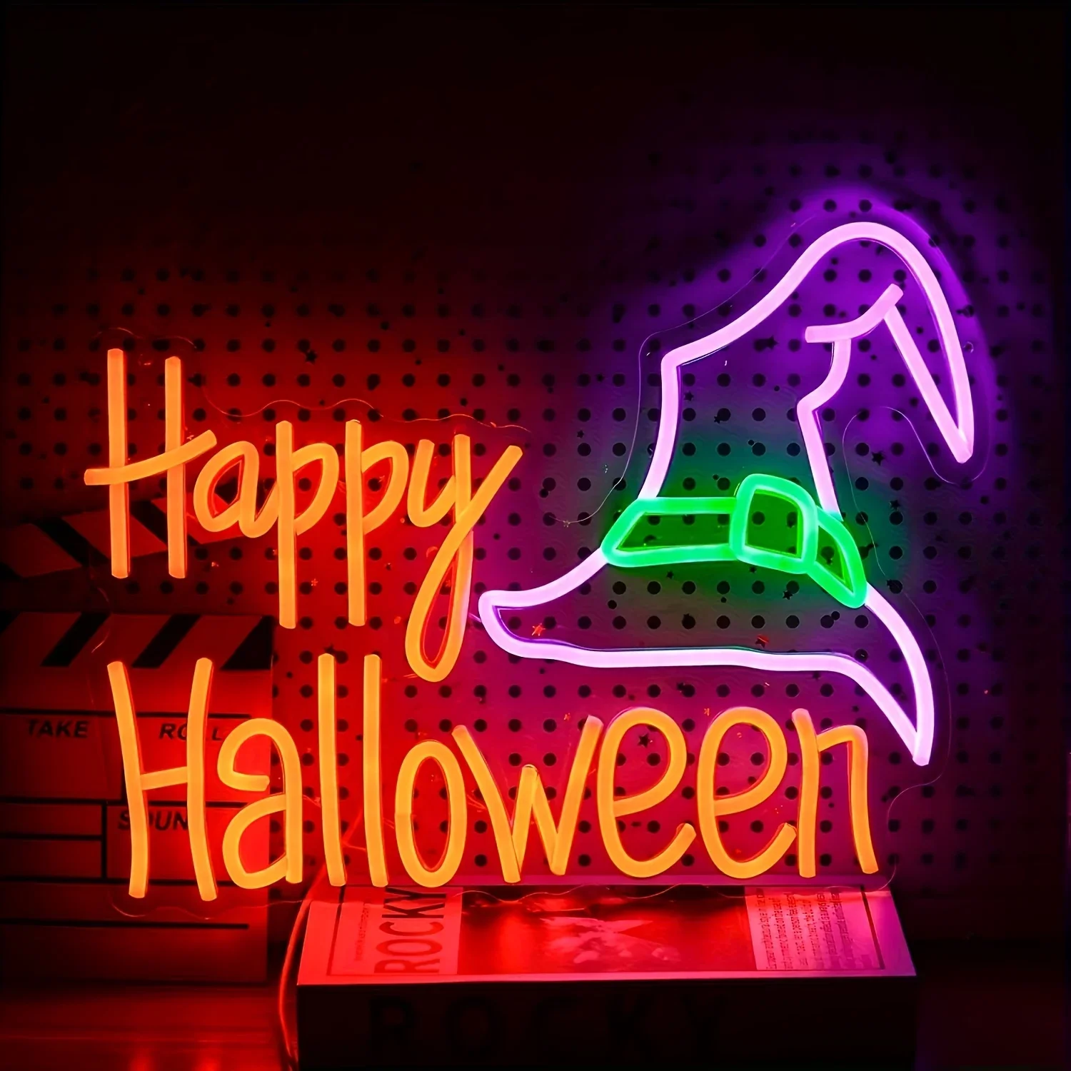 Happy Halloween Neon Sign Witch Hat LED Wall Art Orange Purple Green Glow USB Powered Dimmable Acrylic Lamp Party Home Decor