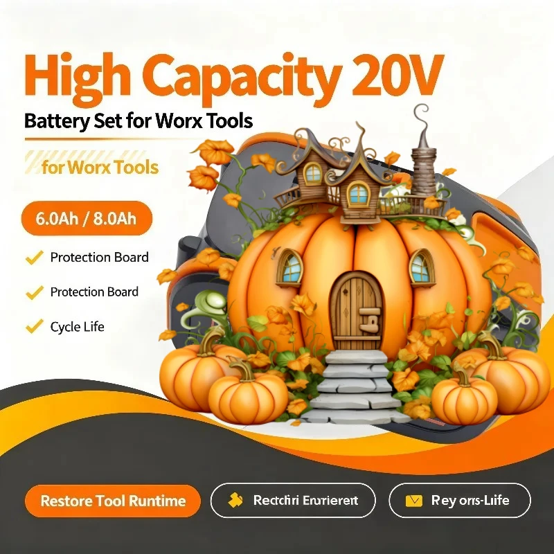 Worx 20V Power Tool Lithium Spare Battery 6.0Ah 8.0Ah Rechargeable Battery With Charger Low Self‑discharge No Memory Effect