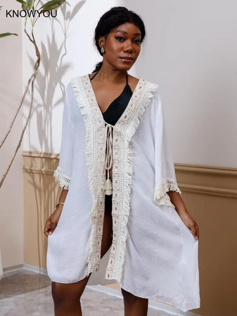 Exy Beach protección solar cubrir estilo bohemio Casual cárdigan abierto mujeres con cordones traje de baño Sexy Cardigan Bikini batas