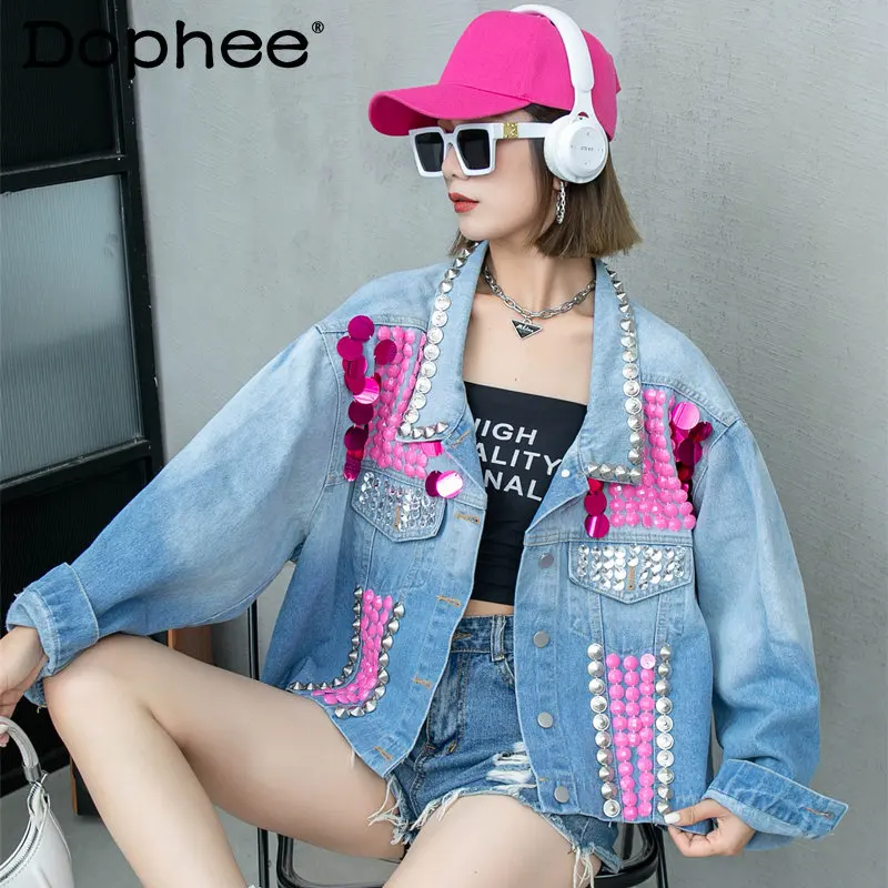 

Heavy Industry Beads Sequined Tie-Dye Gradient Loose Denim Jacket Single-Breasted Blue Jean Coat 2023 New Spring Autumn Clothes