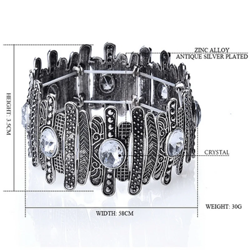 Punk Vintage Bracelet For Women Ancient Silver color Bohemia Concave Metal Rhinestones Crystal Bracelets & Bangles Jewelry Gifts