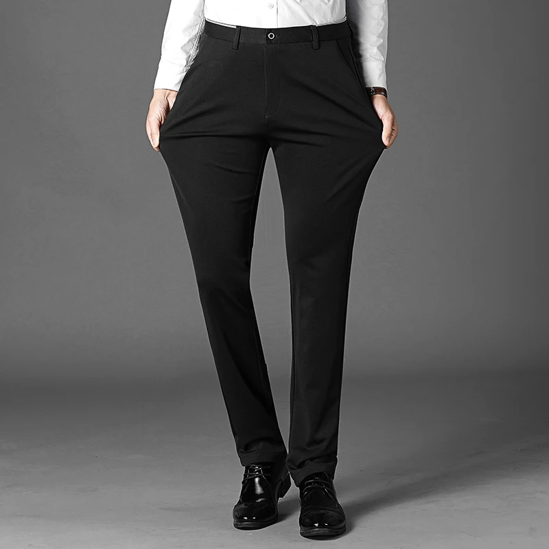 

Busin Casual Slim Fit Men's Pants Elastic Straight Leg Thin Long Bla West Pants Autumn Low Waist Polyester Spandex