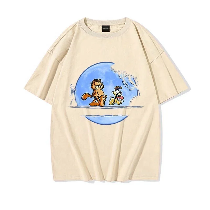 Cartoon Garfields Printed T shirt 100% Cotton Kawaii Garfields Cat Summer Tees Men Women Oversized Loose White Streetwear Tops