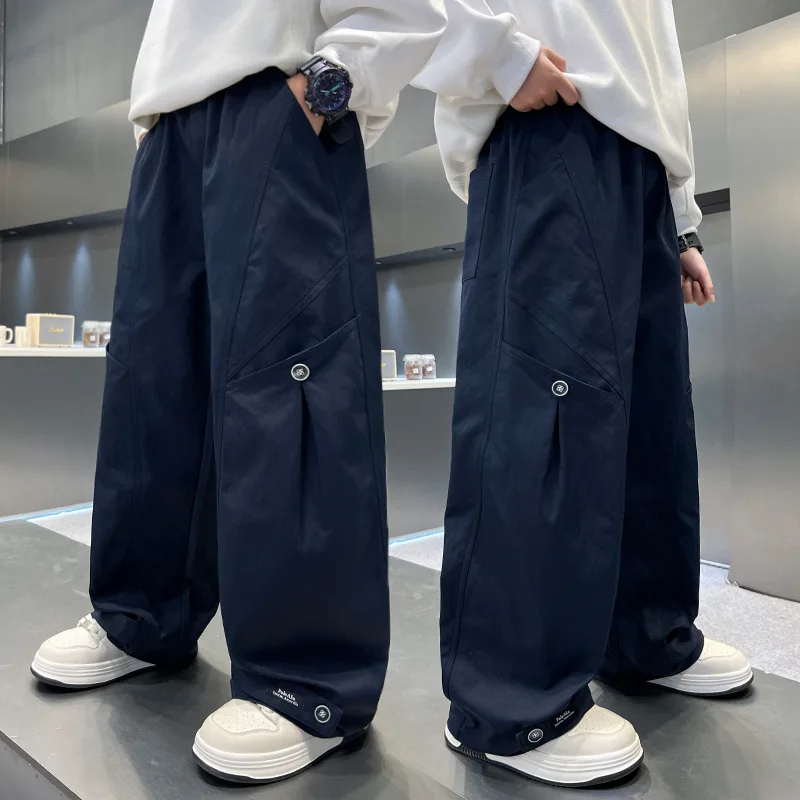 Boys' Casual Wide Leg Pants Spring Autumn New Streetwear Children's Trendy Brand Loose Fit Cargo Pants Trousers for Teens Kids 4