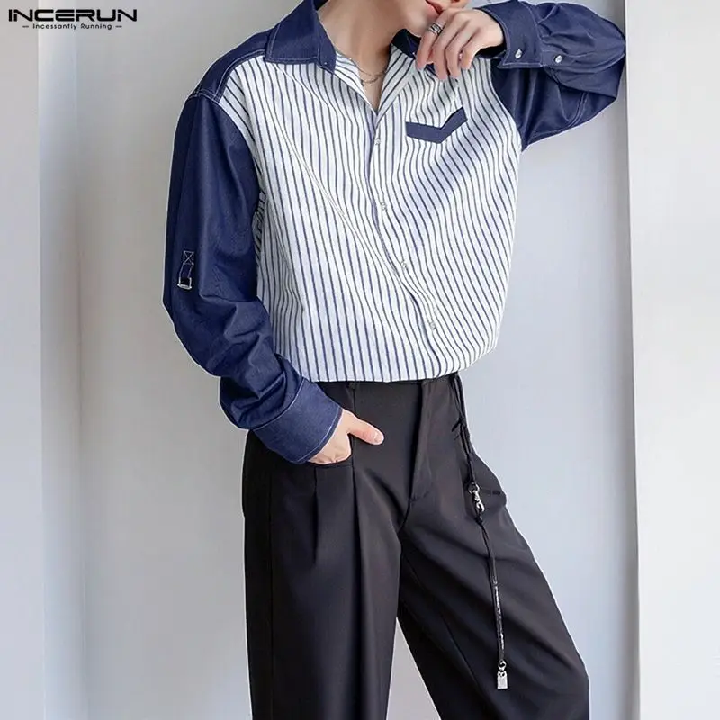 INCERUN الرجال قميص مخطط المرقعة اللون كتلة التلبيب كم طويل الرجال الملابس فضفاضة الشارع الشهير الكورية نمط بلوزات غير رسمية على الموضة