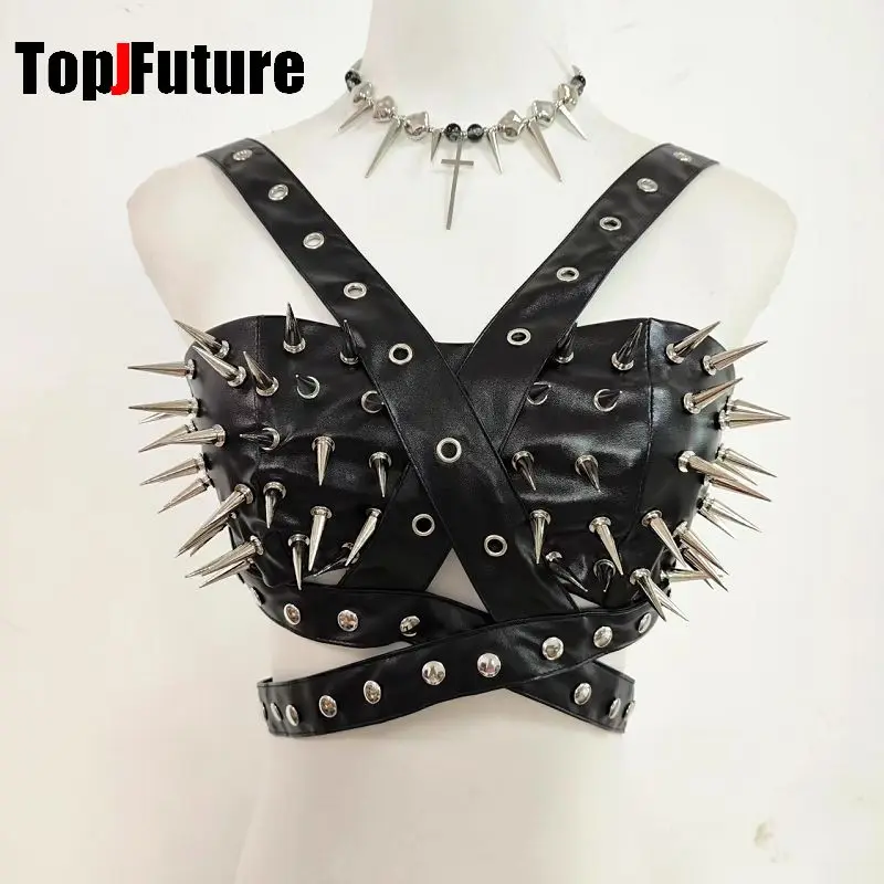 Y2K Girl Punk Spicy Girl Street Rock Dark Gothic Sexy PU Rivet Pointed Nail Millennium Performance Party Role-Playing Tank Top