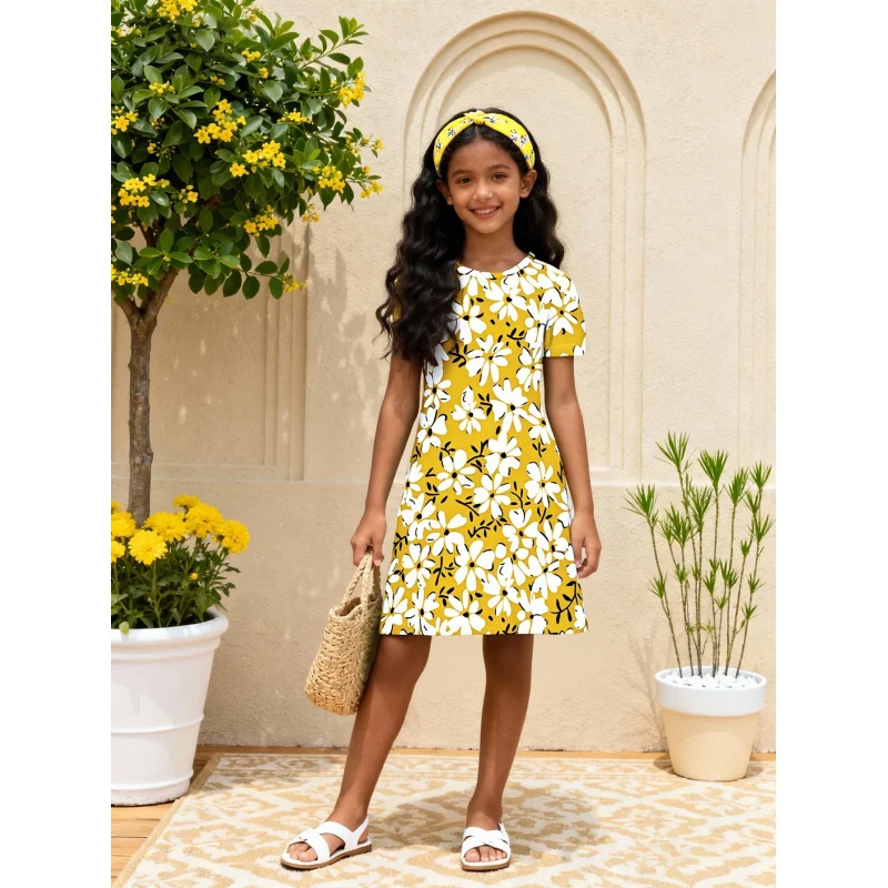 

Girls Yellow Floral Print Short Sleeve Dress 2026 Children's Fresh Sweet Summer Pleated Skirt Dress