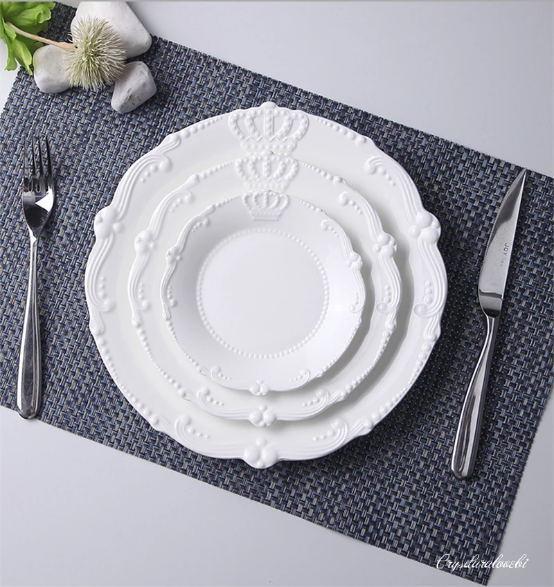 3pcs Set, 6+8+10inch, White Embossed Porcelain Christmas Dish, Crown Design, Ceramic Dinner Plates Set, Wedding Serving Plates