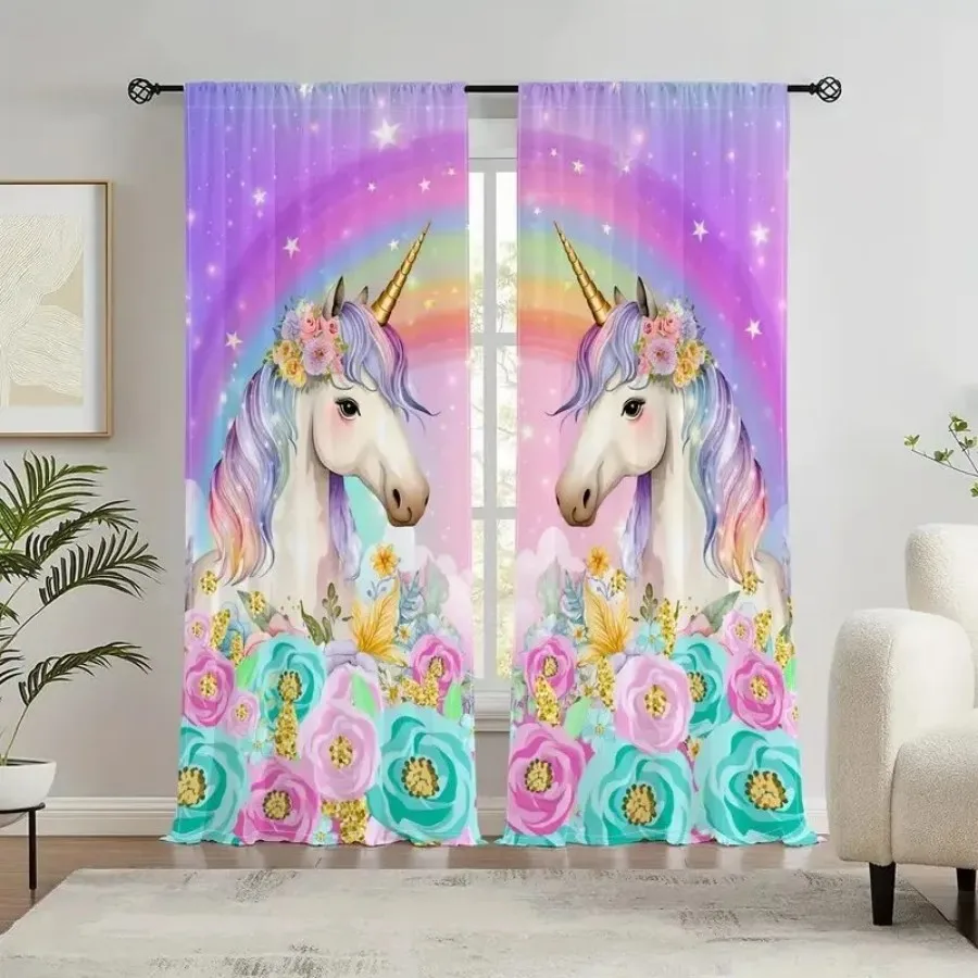 2 PCS Gradient Unicorn Curtains, Dreamy Girlish Style Window Drapes for Living Room Bedroom Home Decor Polyester Rod Pocket