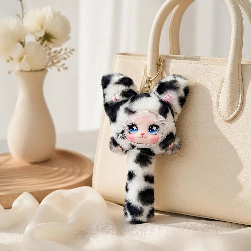 Cute Long Tail Plush Cat Keychain Hanging Decoration Ornaments Furry Cat Pendant Leopard Print Kawaii Cat Plush Bag