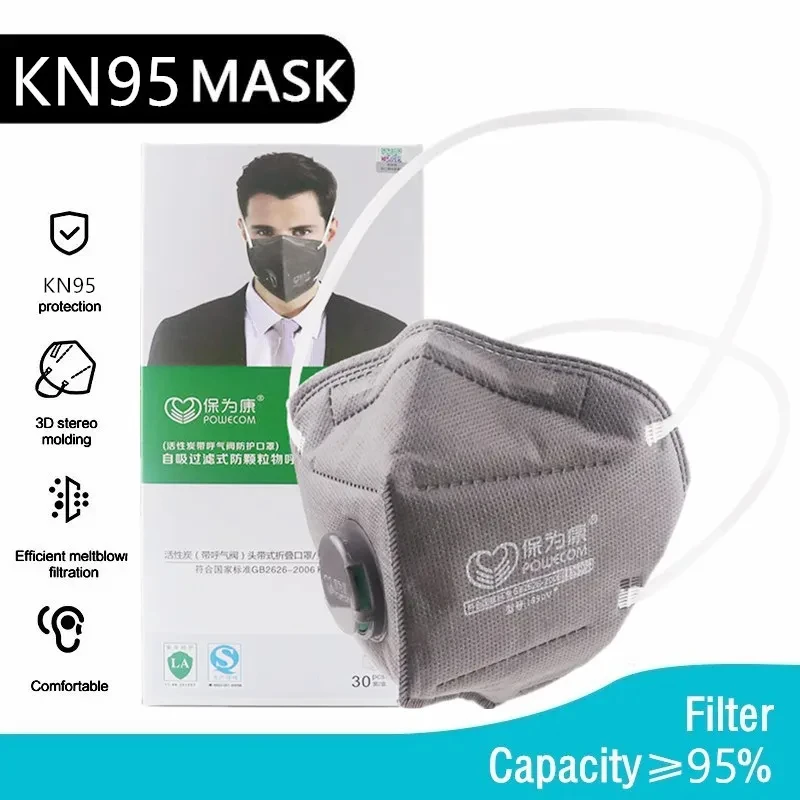 KN95 Facial Mask Activated Carbon 6 Layers Filtering Headband 1890V Breath Valve Individually Wrapped Industrial Dust