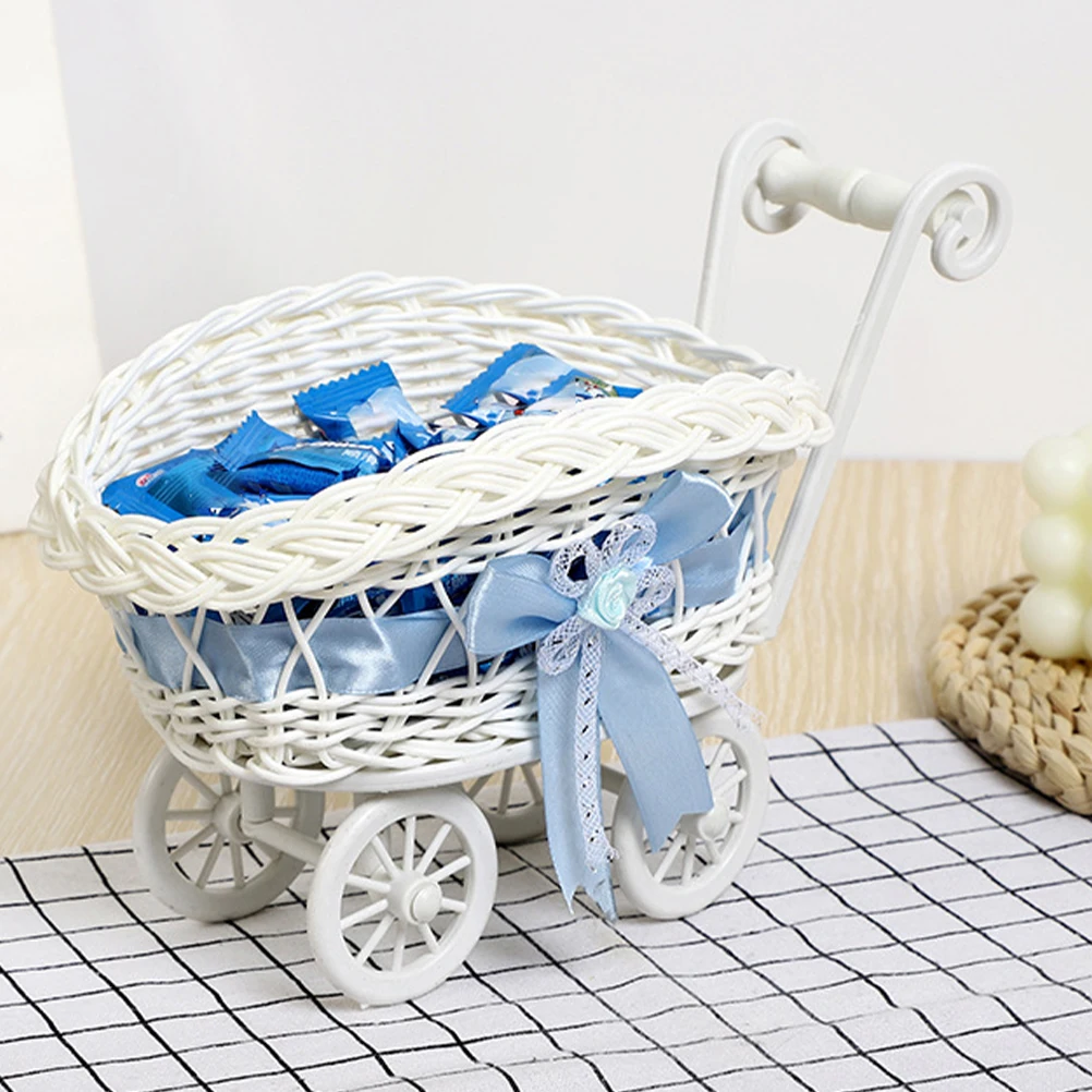 

4pcs Pink Candy Basket Imitation Rattan Baby Stroller Ornaments Wedding Flower Decor Party Supplies Baby Shower Favors Gift