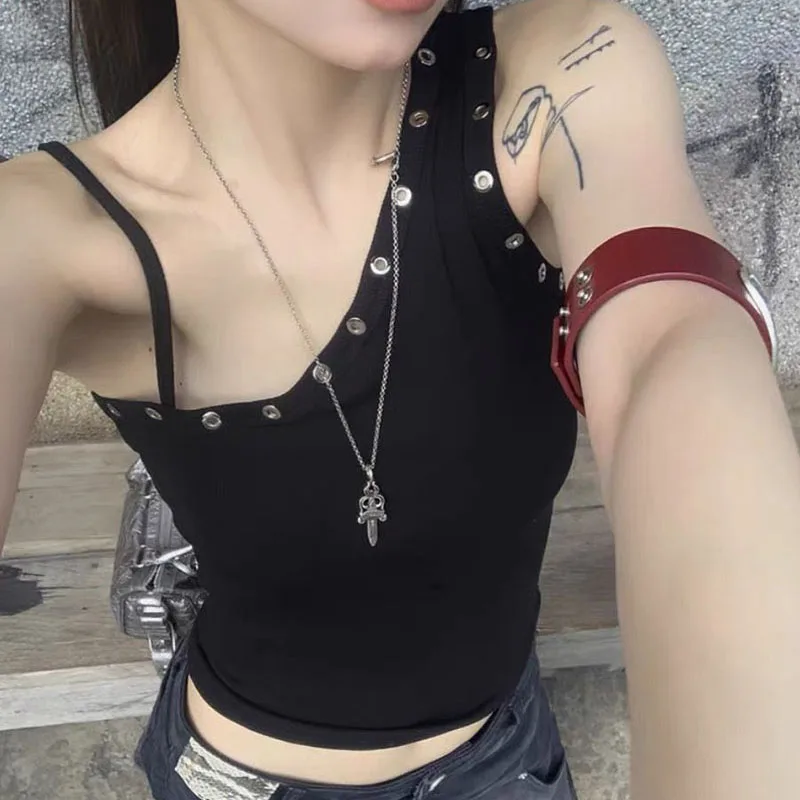 Lucyever Black Sexy One Shoulder Vest Tops Women Streetwear Ribbed Sleeveless Slim Fit Tank Female Y2K Grunge Punk Crop Tops