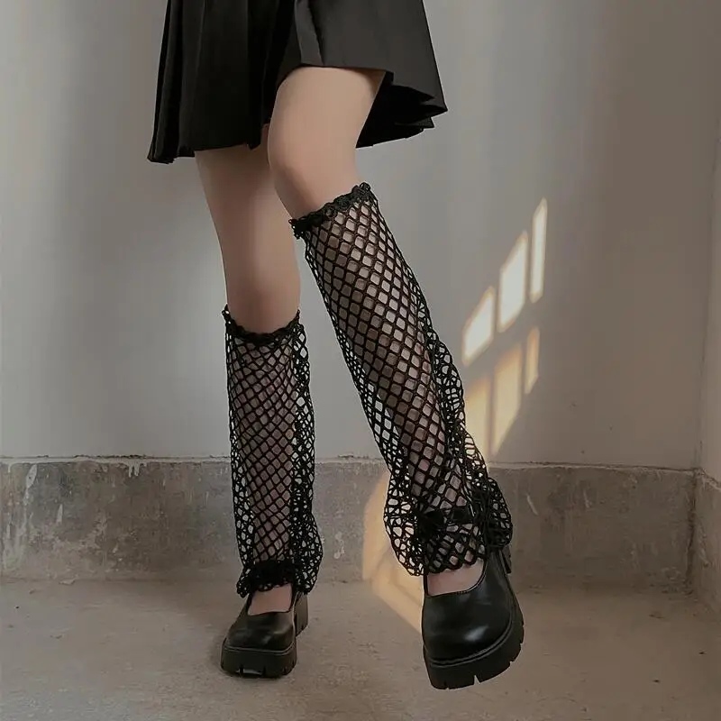 2023 New Punk Gothic Black Fishing Net Long Socks Women Outdoor Knee High Elastic Leg Warmers Girl Cool Breathable Lolita Sock