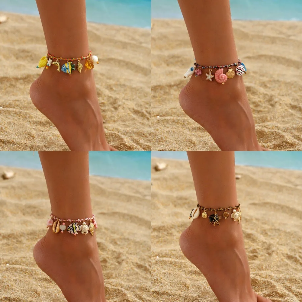 Fashion Cute Dopamine-colorful Ceramic Small Fish Starfish Tassel Pendant Colored Rope Anklets  for Women Summer Beach Jewelry
