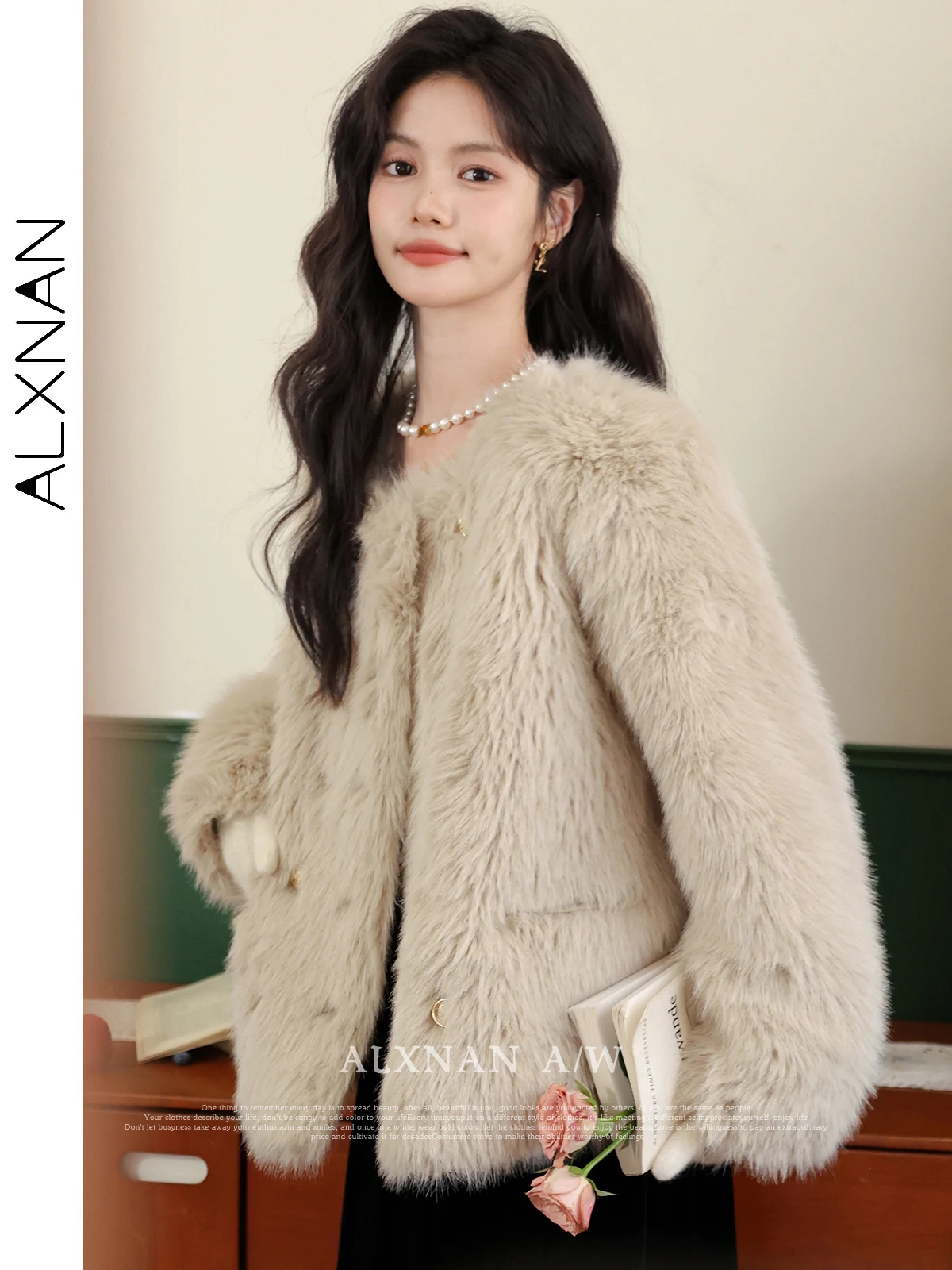 

ALXNAN Loose Faux Fur Coat for Women 2024 Autumn Winter French Solid Round Neck Long Sleeve Thick Warm Female Outerwear LXN32852