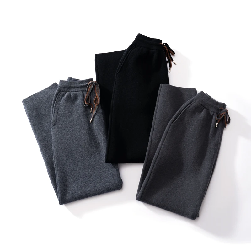 

Men Cashmere Pencil Pants Autumn Winter Thicken Casual Pocket Contrasting Drawstring Trousers 100% Cashmere Knitted Simple Pants