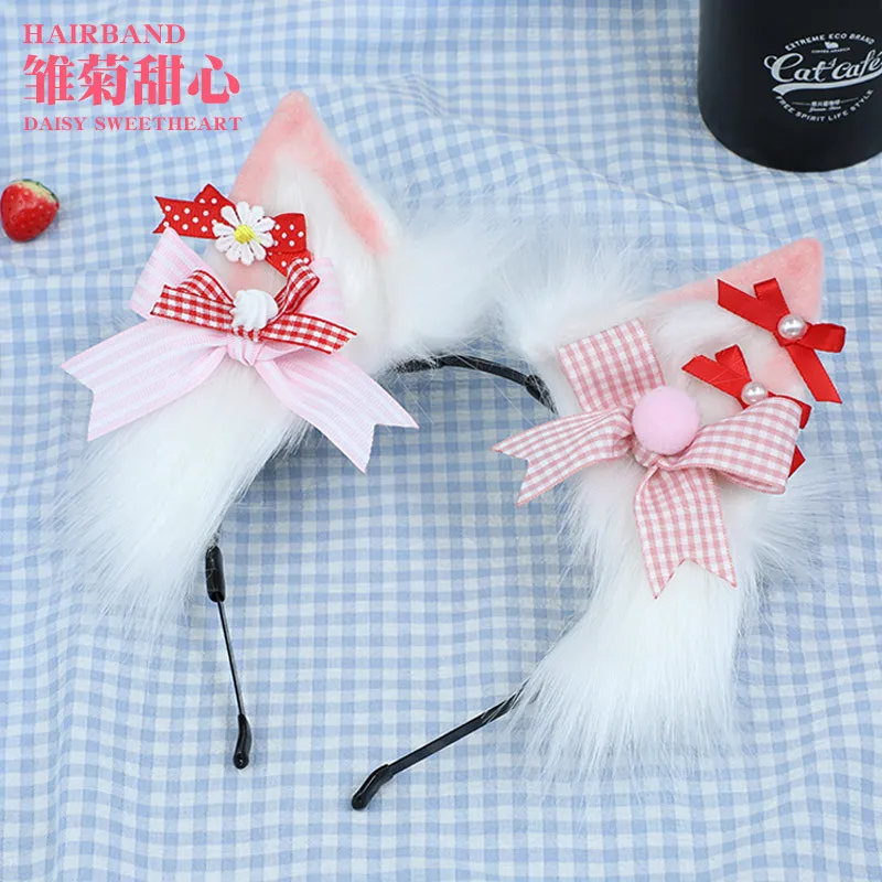 Cat ear headband COSPLAY pink bow Strawberry Fox ear headdress sweet and cute girl lolita accessories  cat ear headdress