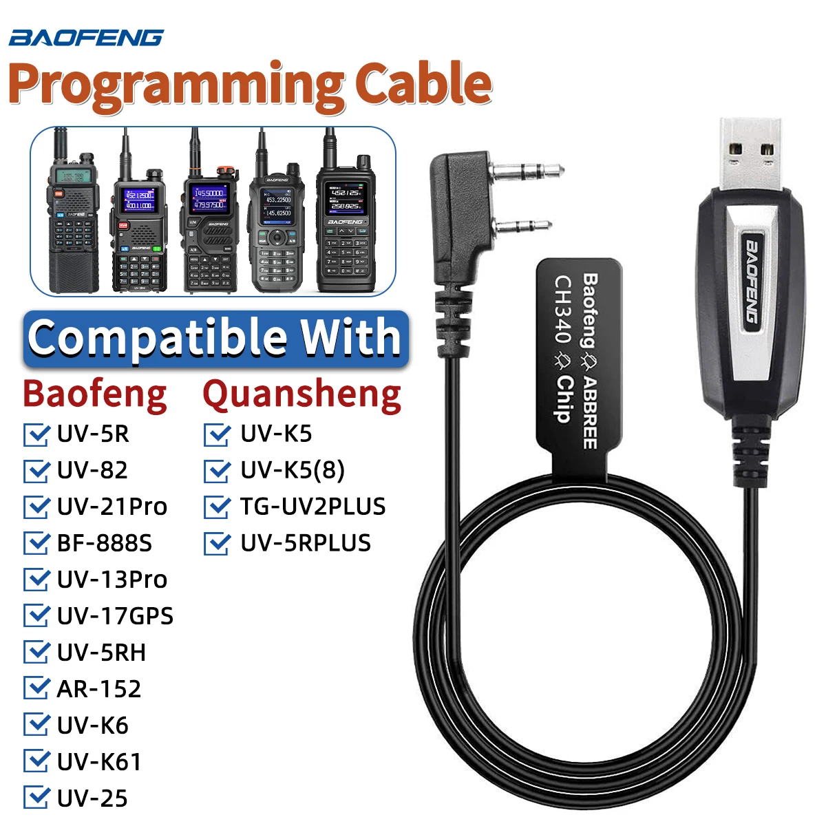 CH340 USB Programming Cable for Baofeng UV 82 888S UV 13 21 Pro Quansheng UV-K5 5R Plus Walkie Talkie Radio