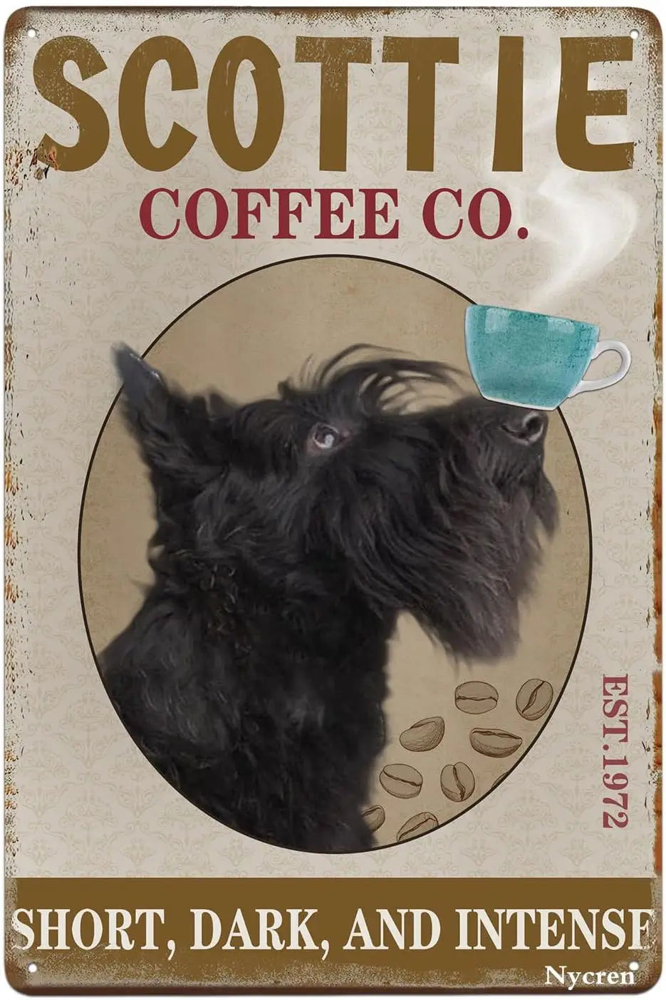 Scottie Dog Metal Tin Sign Coffee Short Dark and Intense Vintage Decoration Art Sign Home Kitchen Diner Restaurant Bar Cafe Club