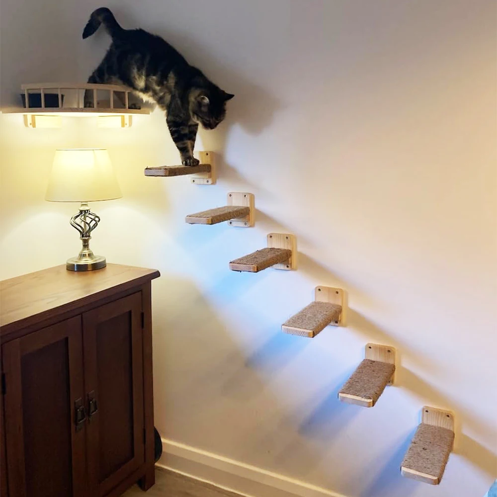 خطوات القط مع السيزال المغطاة شجرة القط القط أرجوحة جدارية الخشب رفوف القطط والمجثم لجدار القط تسلق الرف عمود الخدش