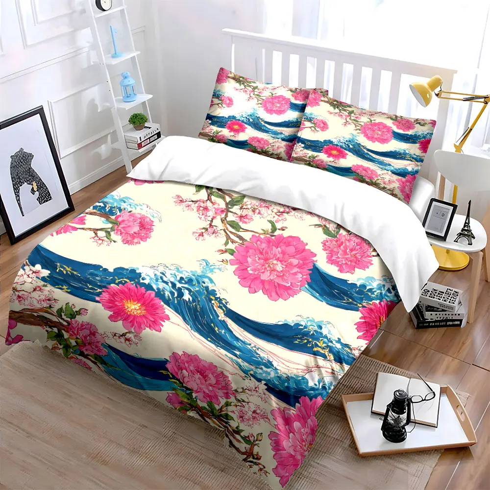 Pink blooms and blue waves intertwine Pattern Duvet Cover Set Digital Print Colorful Polyester Bedding with Zipper Closur