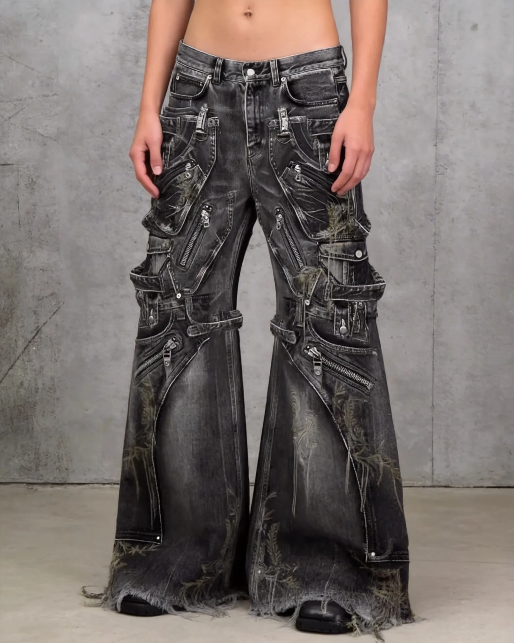 

Hip Hop Streetwear Black Baggy Jeans Men Wide Leg Cargo Distressed Zip Pocket Denim Pants Casual Fashion Gothic Y2K Cargo Jeans