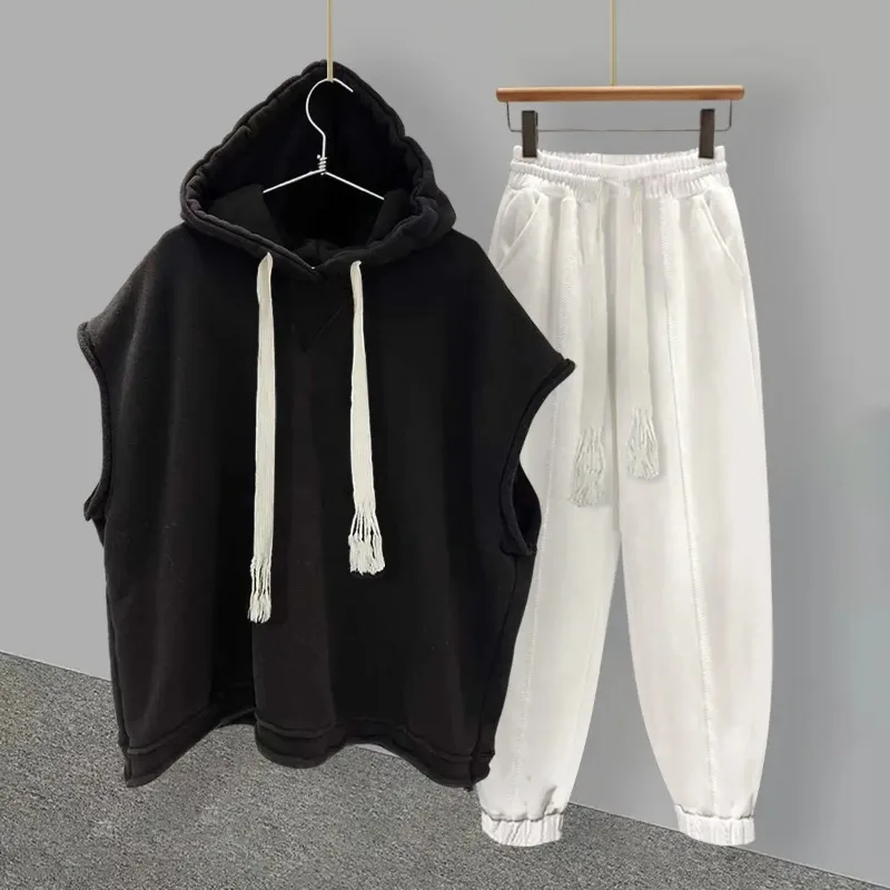 New 2025 Women SuitSolid Color Sleeveless Hood+ Casual Pants Set Women/Men