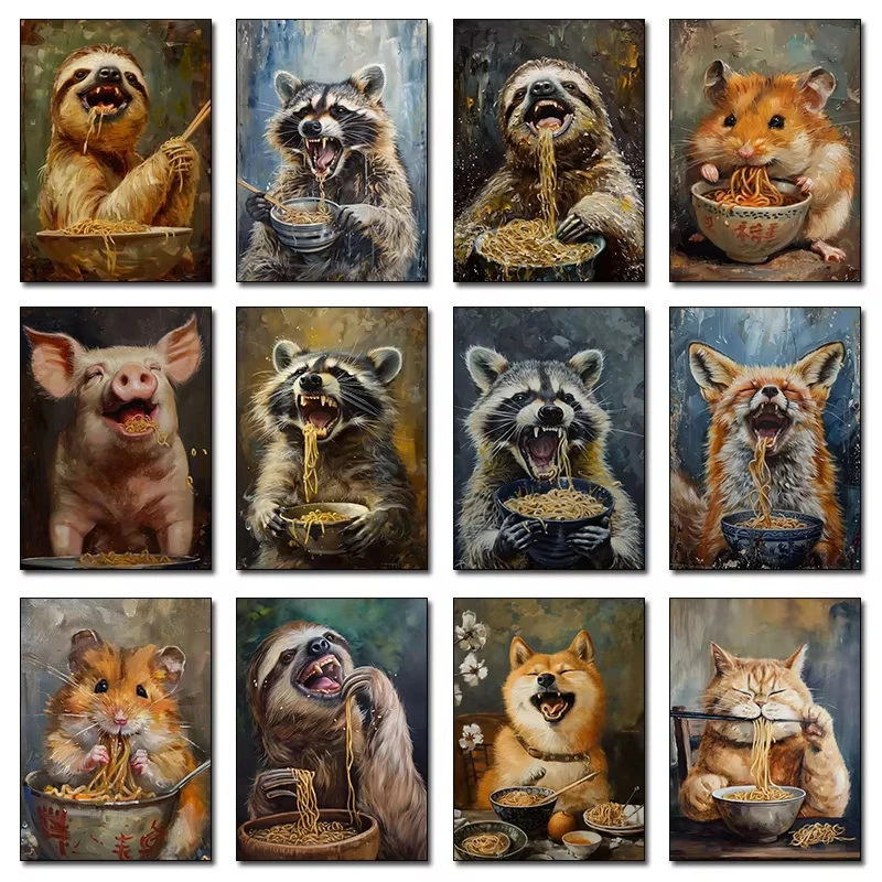 1PC frameless decorative art print,Funny Animals Eating Ramen Poster Printing Raccoon, Hamster, Fox, Cat, Dog, Wolf Canvas Art H