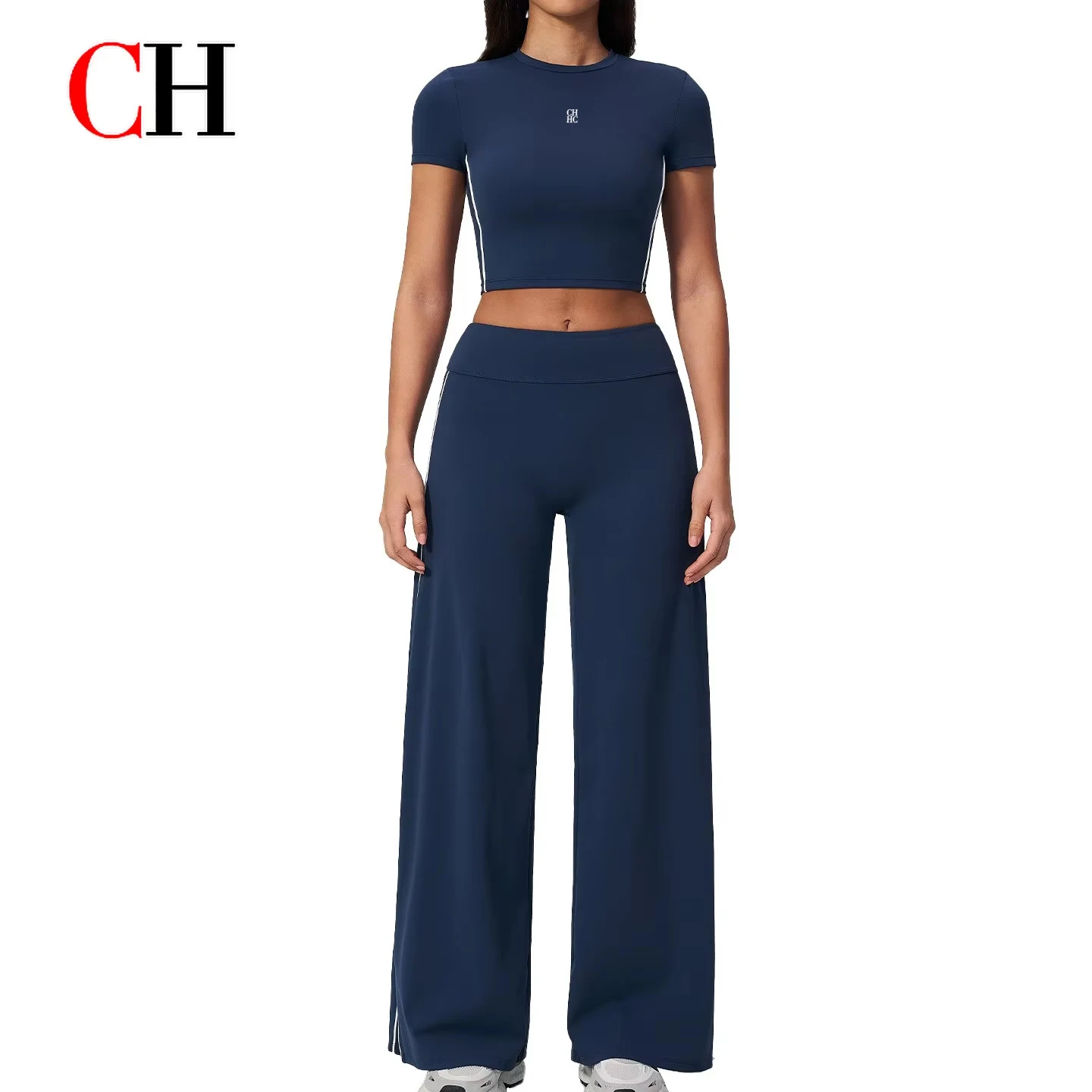 CH Women 2 Piece Yoga Set Crop Top Wide Leg Pants High Waist Striped Sportswear Gym Fitness Workout Tracksuit Activewear