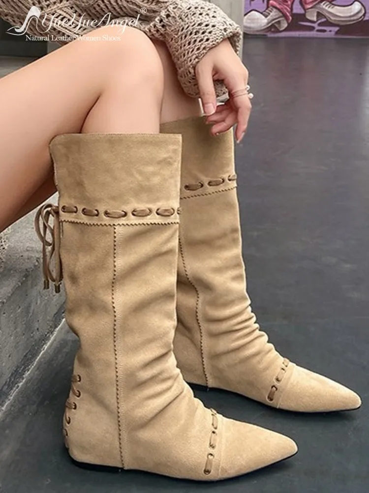 

Women Fashion Cow Suede Leather Chunky Heel High Boots Pointed Toe Lace Up Comfortable Ladies Slip On Height Increase Footwear