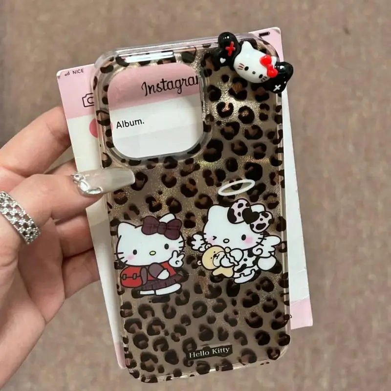 Hello Kitty Leopard Patterned Apple Phone Case 15promax 14pro Phone Case 13/12/11 Soft Case XR XS Apple phone protective Shell