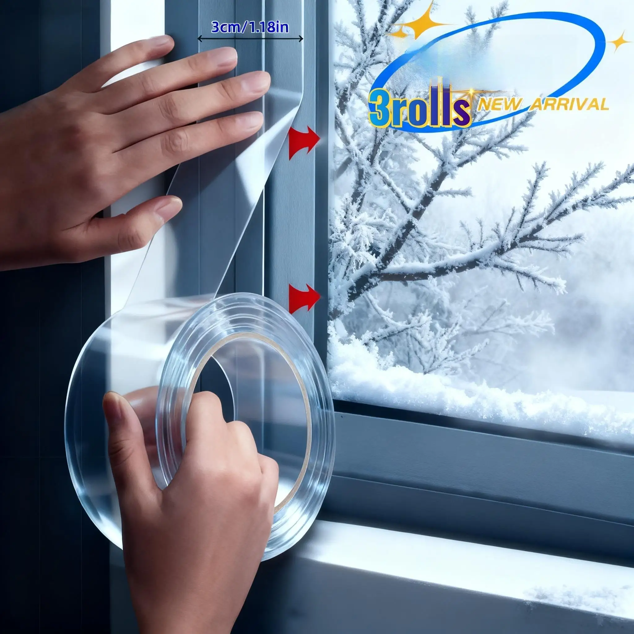 3 Rolls of Winter Door and Window Sealing Tape,Strong Self-adhesive Transparent Weatherproof Strip,Waterproof and Moisture-proof