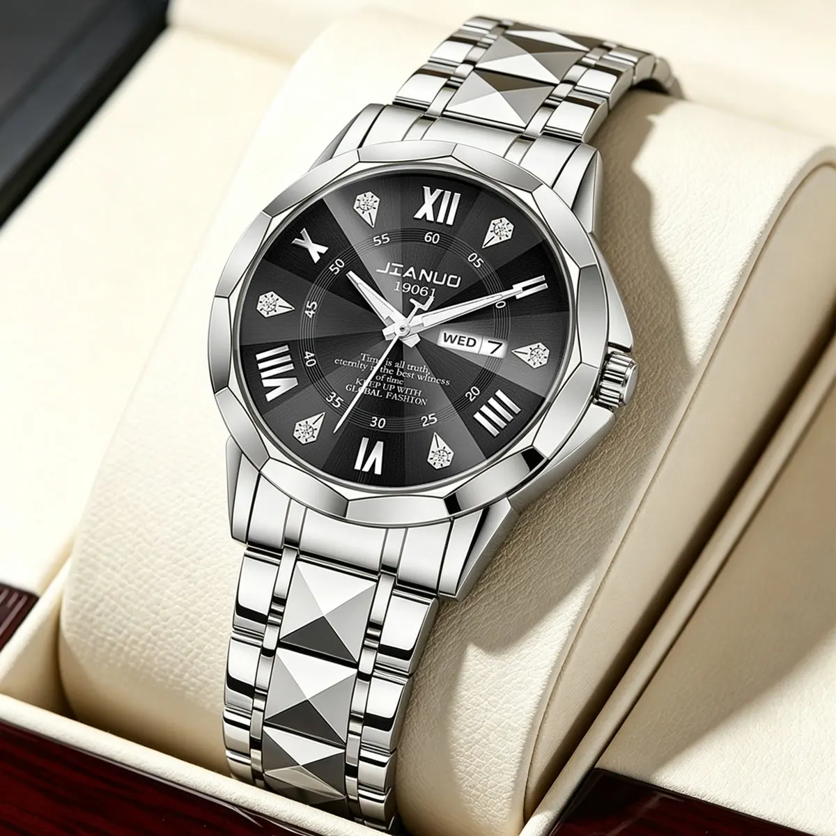 

Business casual men's steel band watch luxury diamond-set date calendar double display luminous quartz watch men
