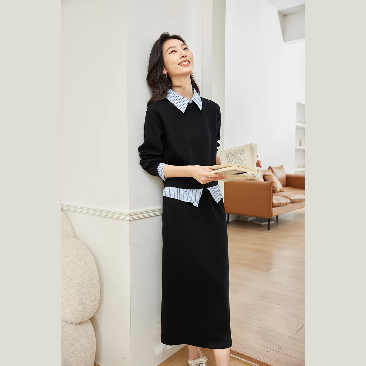 VIMLY Spliced Collar Sweatshirt Two Piece Set Women Casual Simple Top Long Skirt New 2026 Fall Casual Sports Outfit Ladies M8595