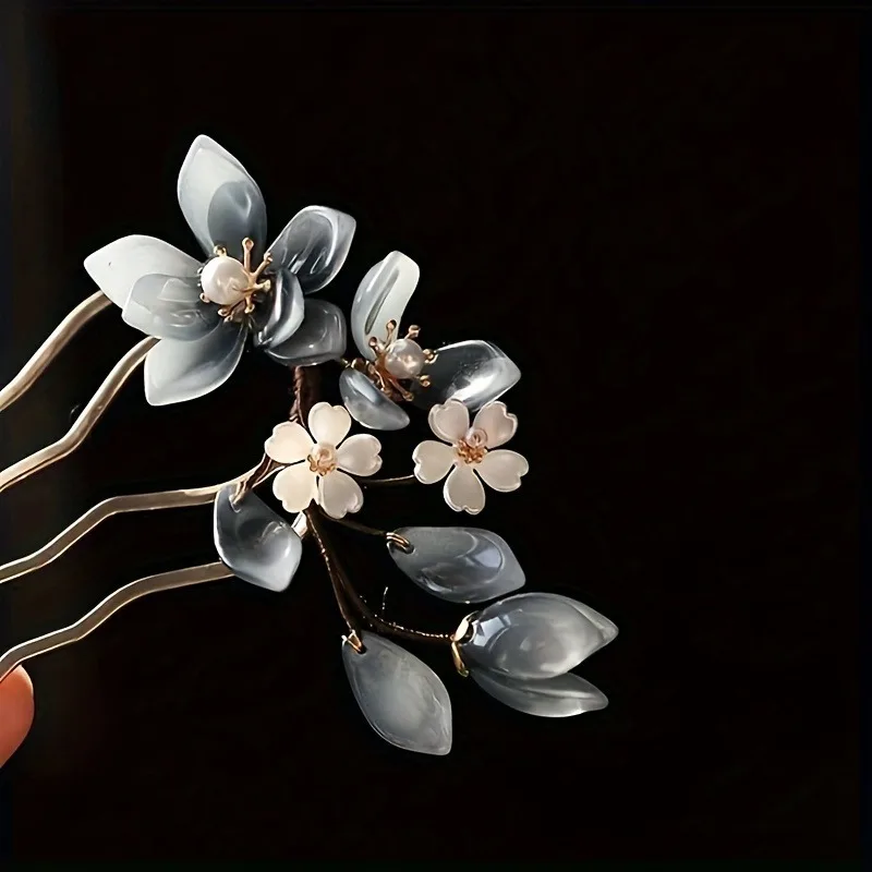 1pc Elegant Handcrafted Vintage Orchid Flower Hairpin Metal Hair Accessory with Black White Floral Design Golden Accents Perfect