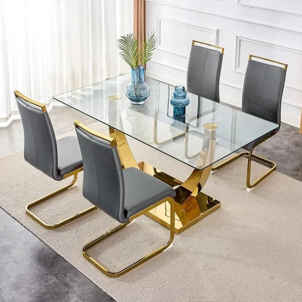 Living Room Table and Chairs,Tempered Glass Dinings,5 Piece Dining Table with 4 Pcs Leather Dinings Chairs,Living Room Table Set