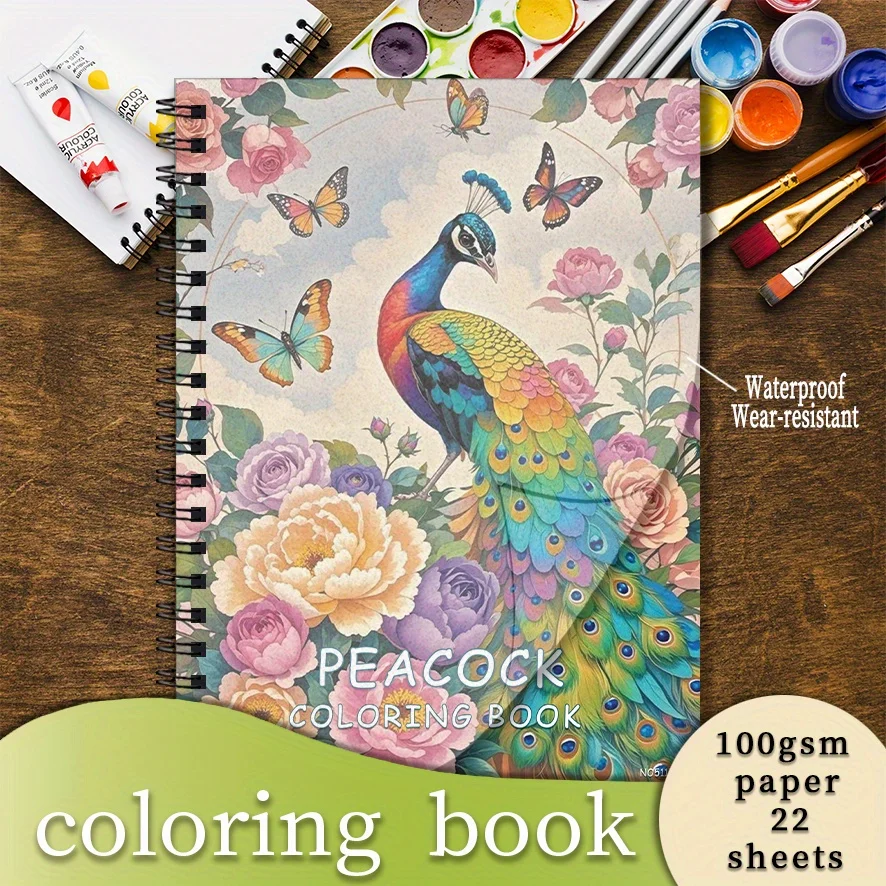 Floral Peacock Coloring Book - 8.3×11.2 Inches, 22 Pages. Perfect for Elegant Relaxation, Stress - Relieving