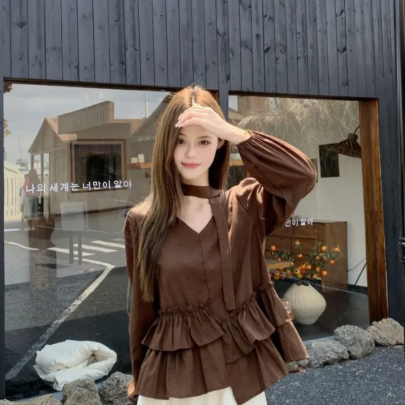 

Irregular Lotus Leaf Stitching Long-sleeved Temperament Shirt 2025 Design New Thin Style Age-reducing Casual Top