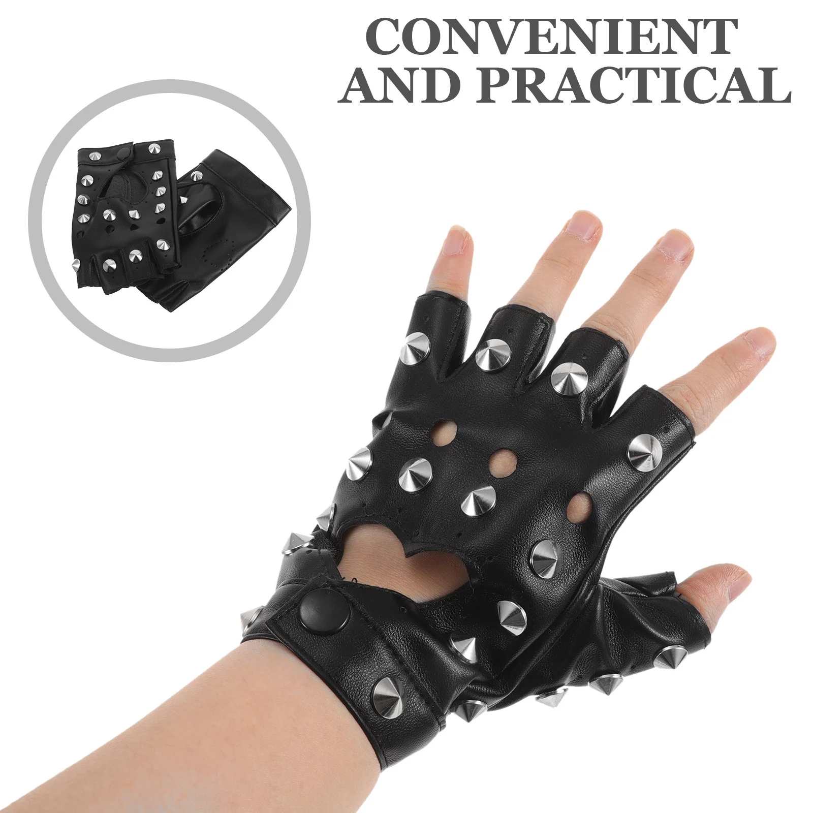 1 ペアハーフフィンガーパンクスタイル手袋 PU スタッズ付き指なしミットハロウィンコスチュームダンスショーファンシーグローブ女性用