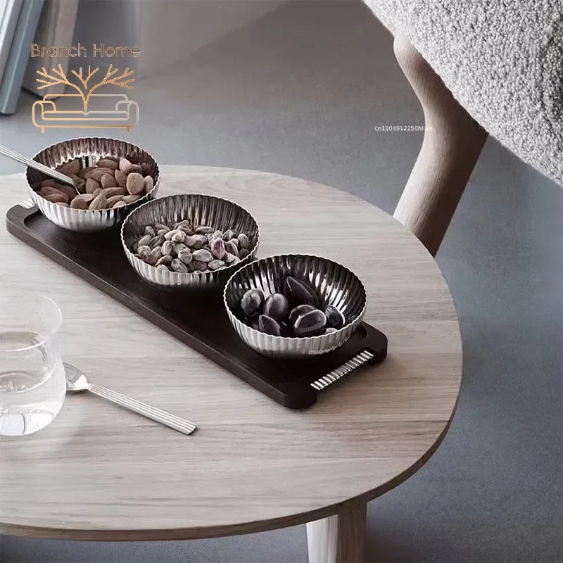 Luxury Walnut Stainless Steel Dessert Bowl, Three Grid Striped Metal Snacks, Fruits, Nut Plate, Kitchen Storage Box, Home Decor