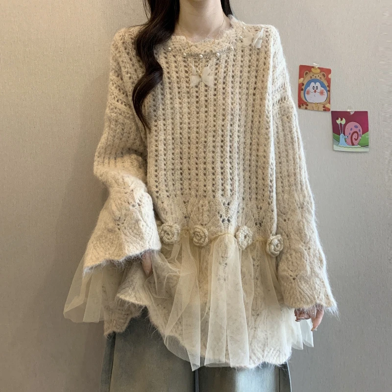 

Fashion Elegant Women's Autumn 2025 Knitted Loose Lace Stitching Sweet Top